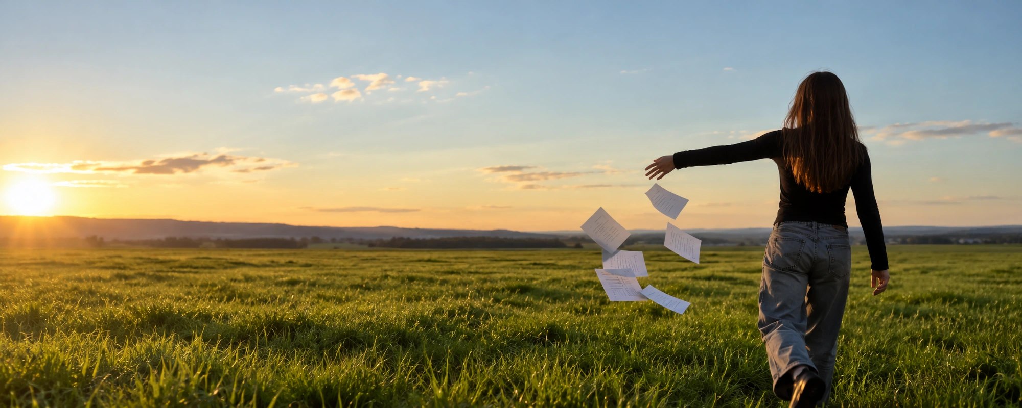A person tossing paperwork into the air while walking through a sunny field at sunset